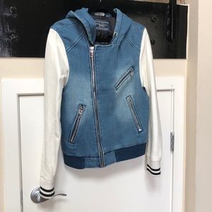 Blue cotton denim hoodie w/ faux leather sleeves